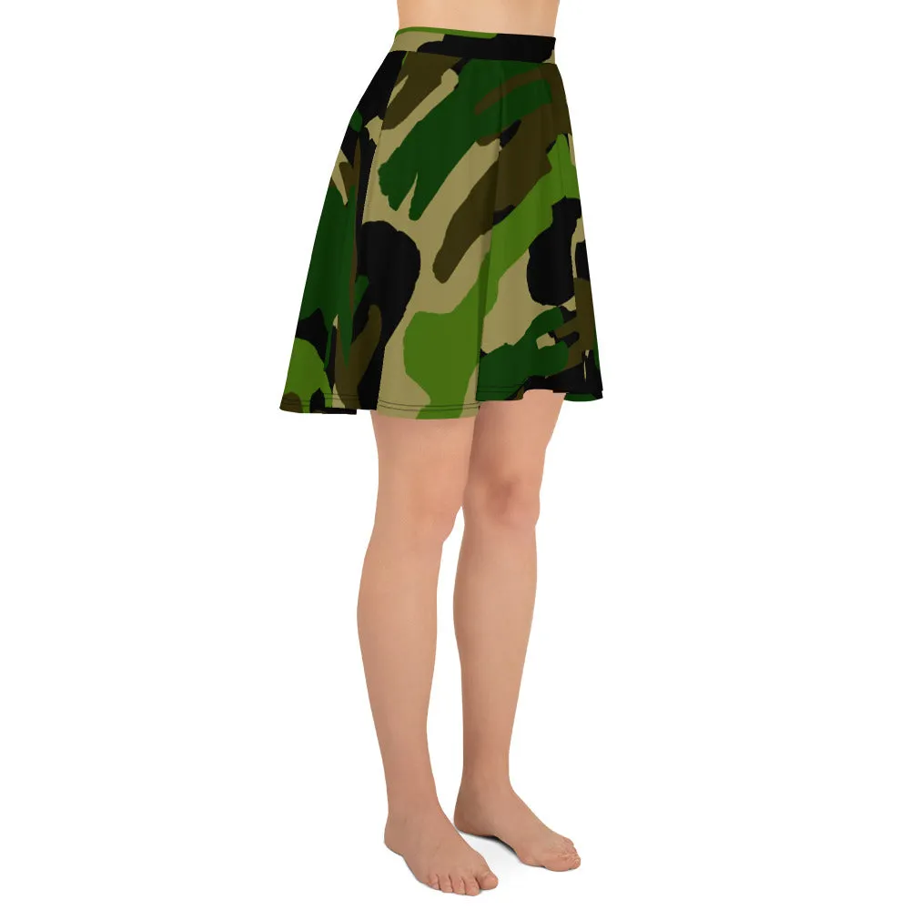 Green Camouflage Skater Skirt, Military Army Print Premium Women's Skater Skirt - Made in USA/ EU