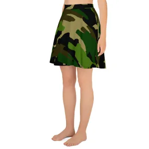 Green Camouflage Skater Skirt, Military Army Print Premium Women's Skater Skirt - Made in USA/ EU