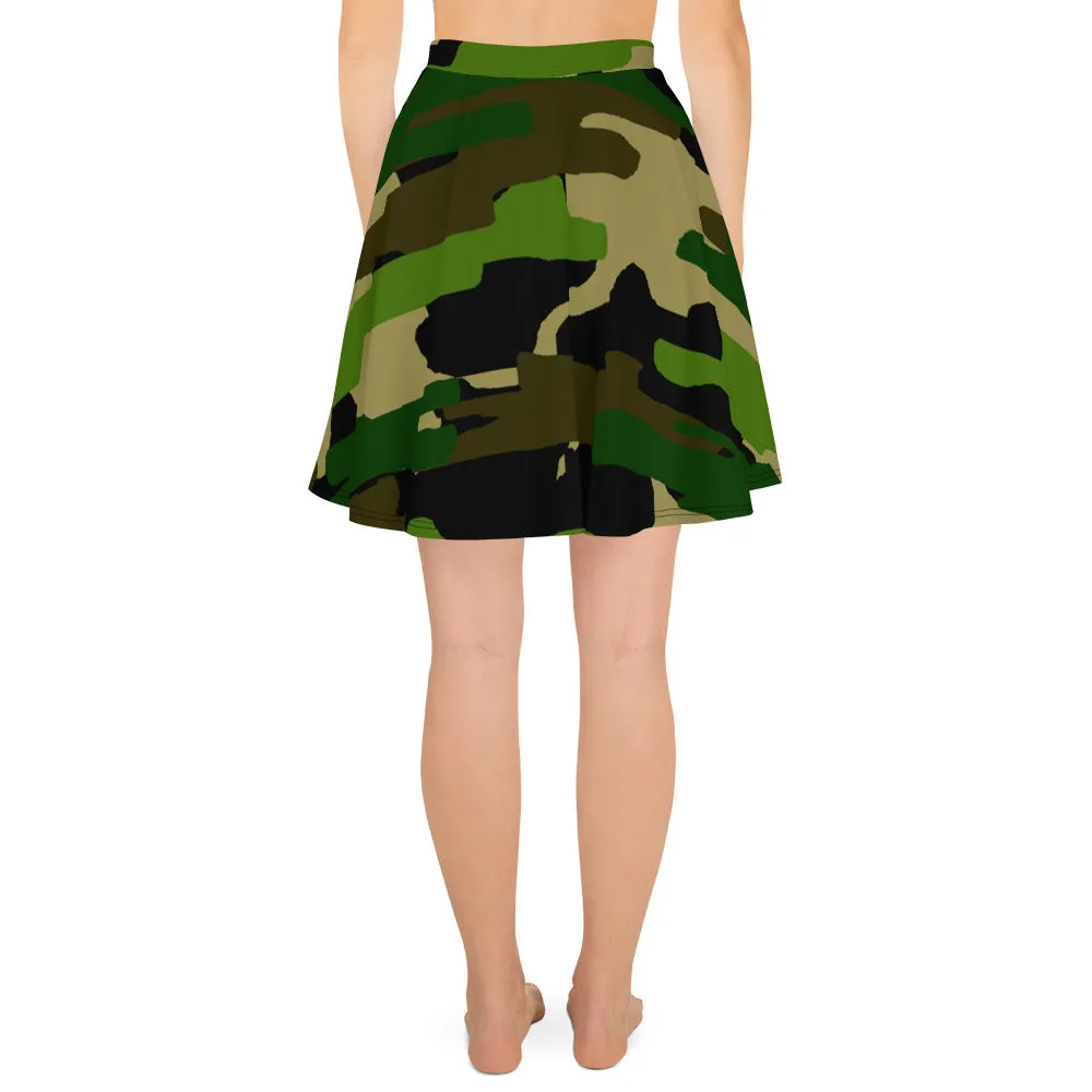 Green Camouflage Skater Skirt, Military Army Print Premium Women's Skater Skirt - Made in USA/ EU