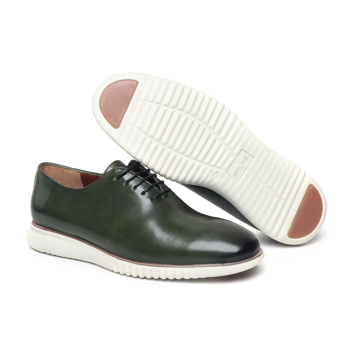 Green One Piece Leather Sneakers With Oxford Lace-Up Contrasting Sole