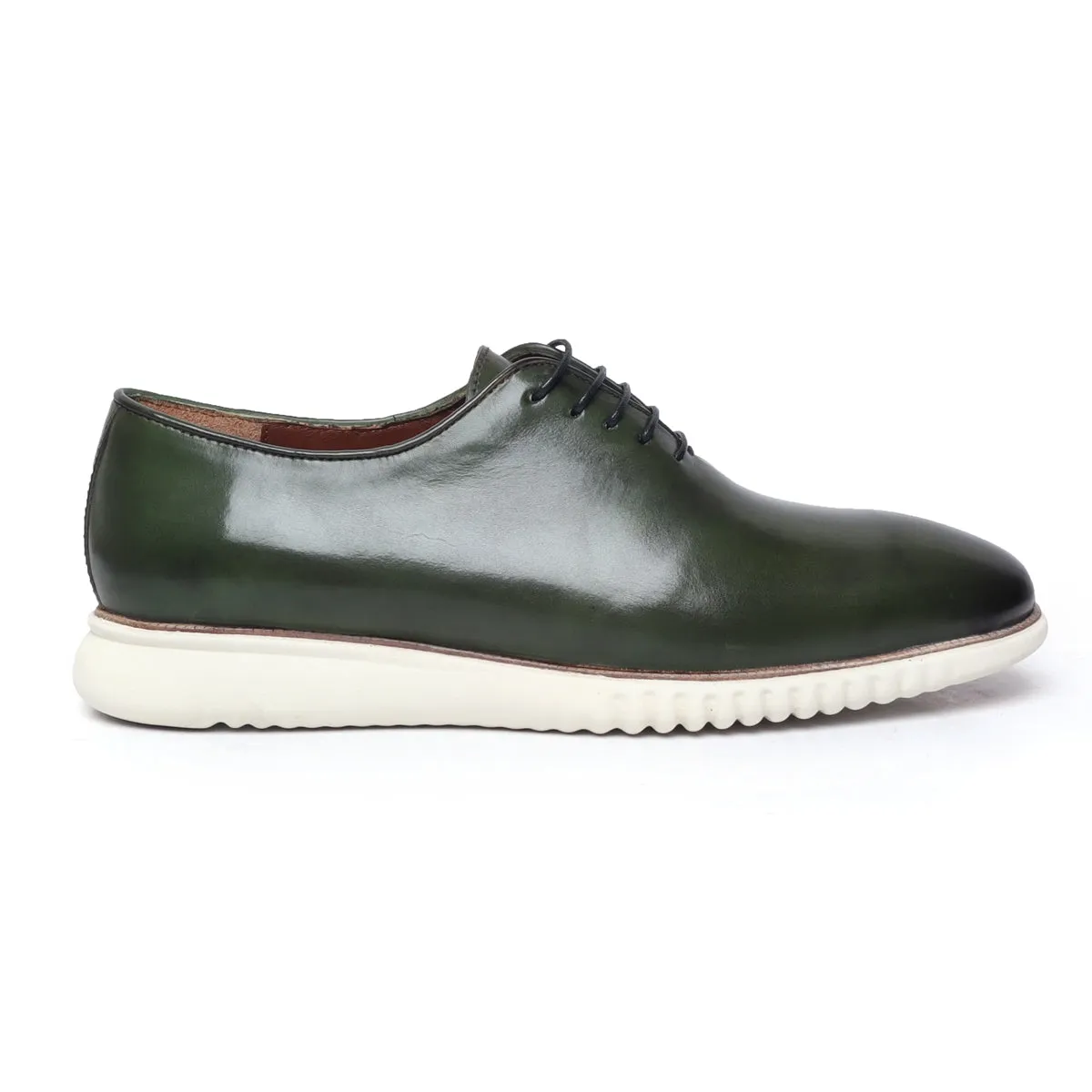 Green One Piece Leather Sneakers With Oxford Lace-Up Contrasting Sole