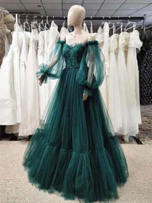 Green Puffy Sleeves Lace Top Long Party Dress, Green Tulle Prom Dress