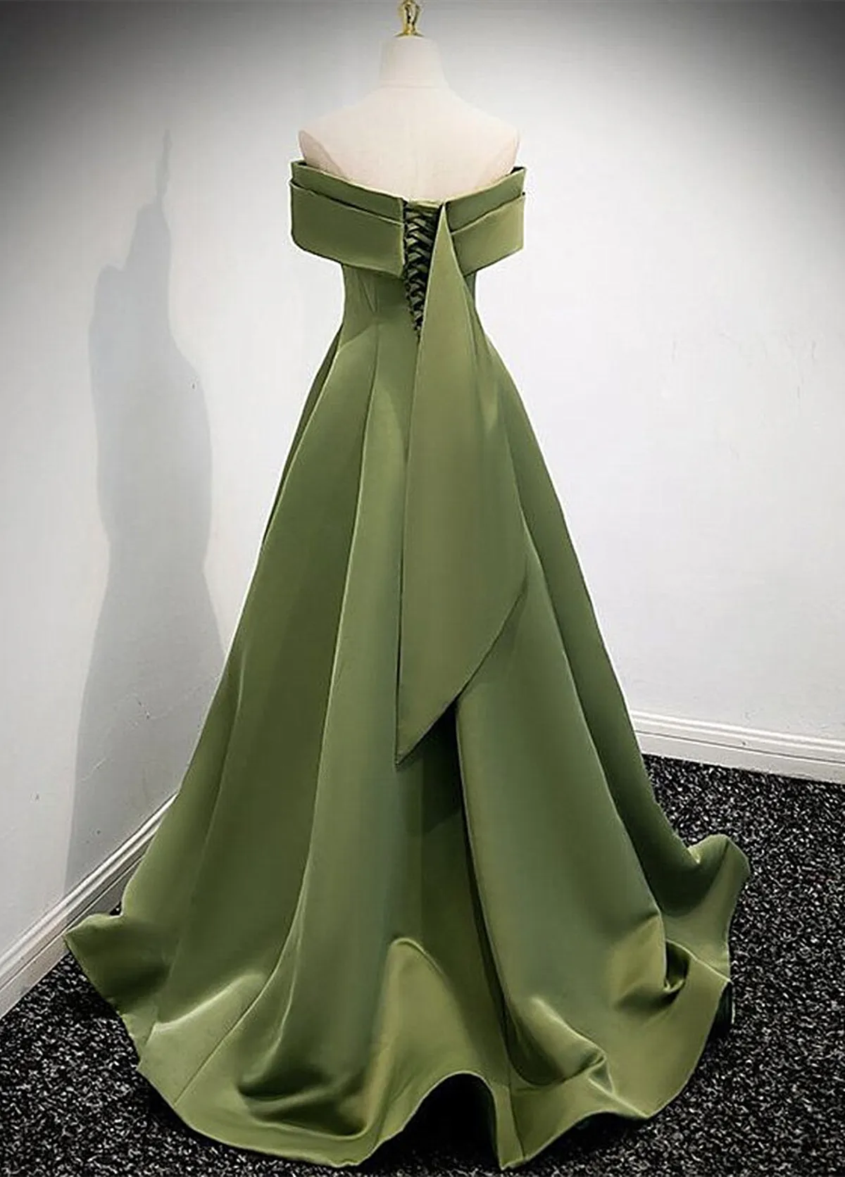 Green Scoop Off Shoulder Satin Lace-up Prom Dress, A-line Green Evening Dress