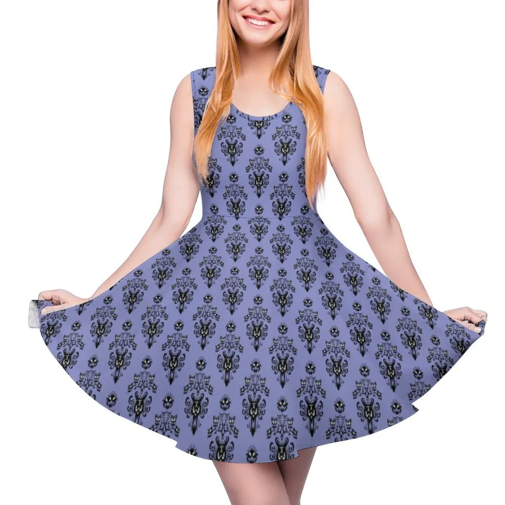 Haunted Mansion Wallpaper Women's Sleeveless Round Neck Skater Dress