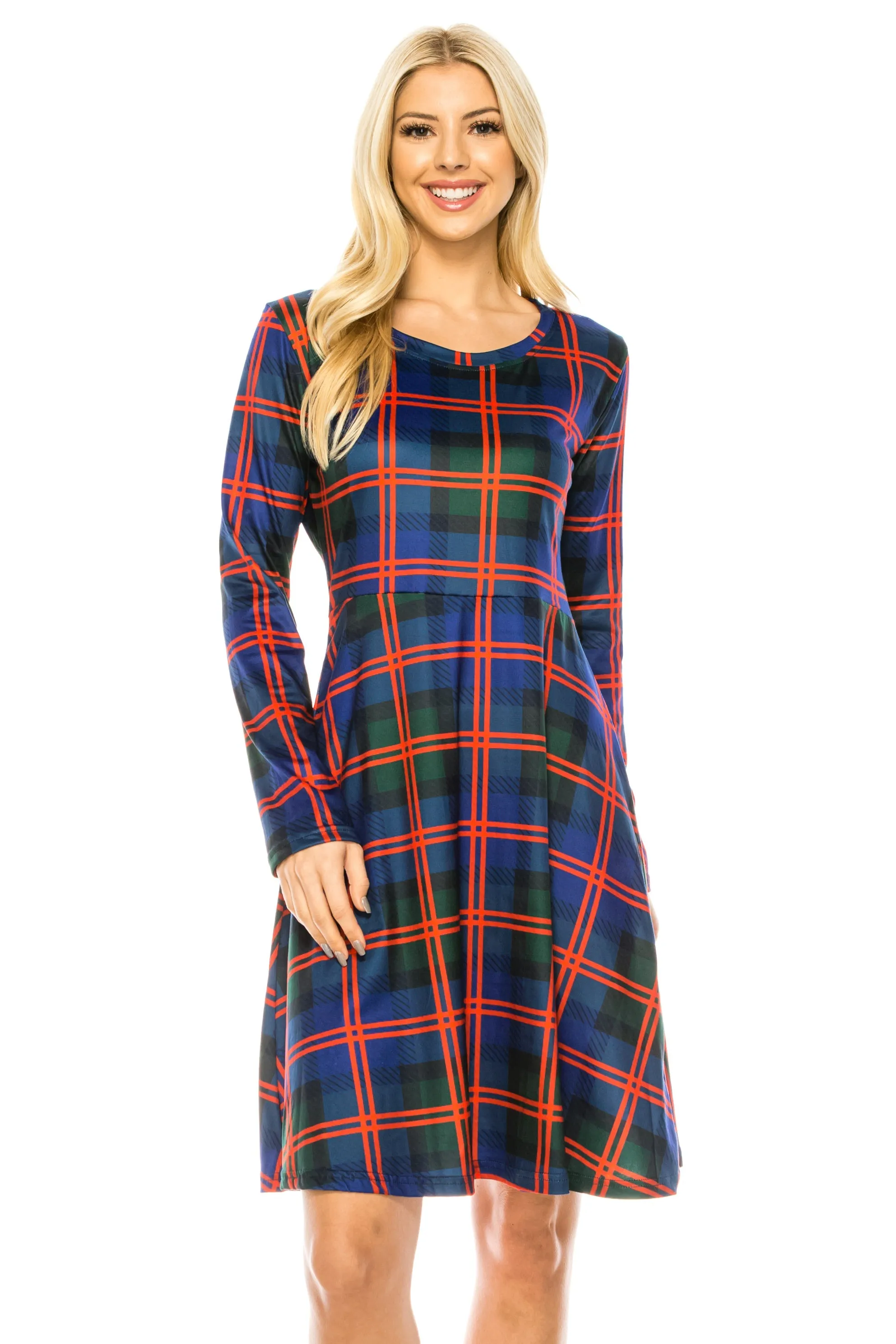 Haute Edition Women's Christmas Plaid & Solid Holiday Long Sleeve Skater Party Dress