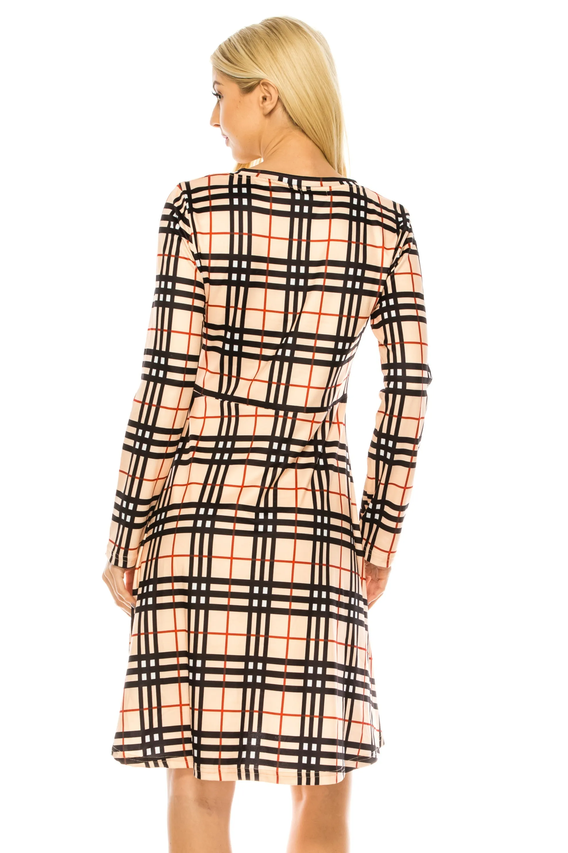 Haute Edition Women's Christmas Plaid & Solid Holiday Long Sleeve Skater Party Dress