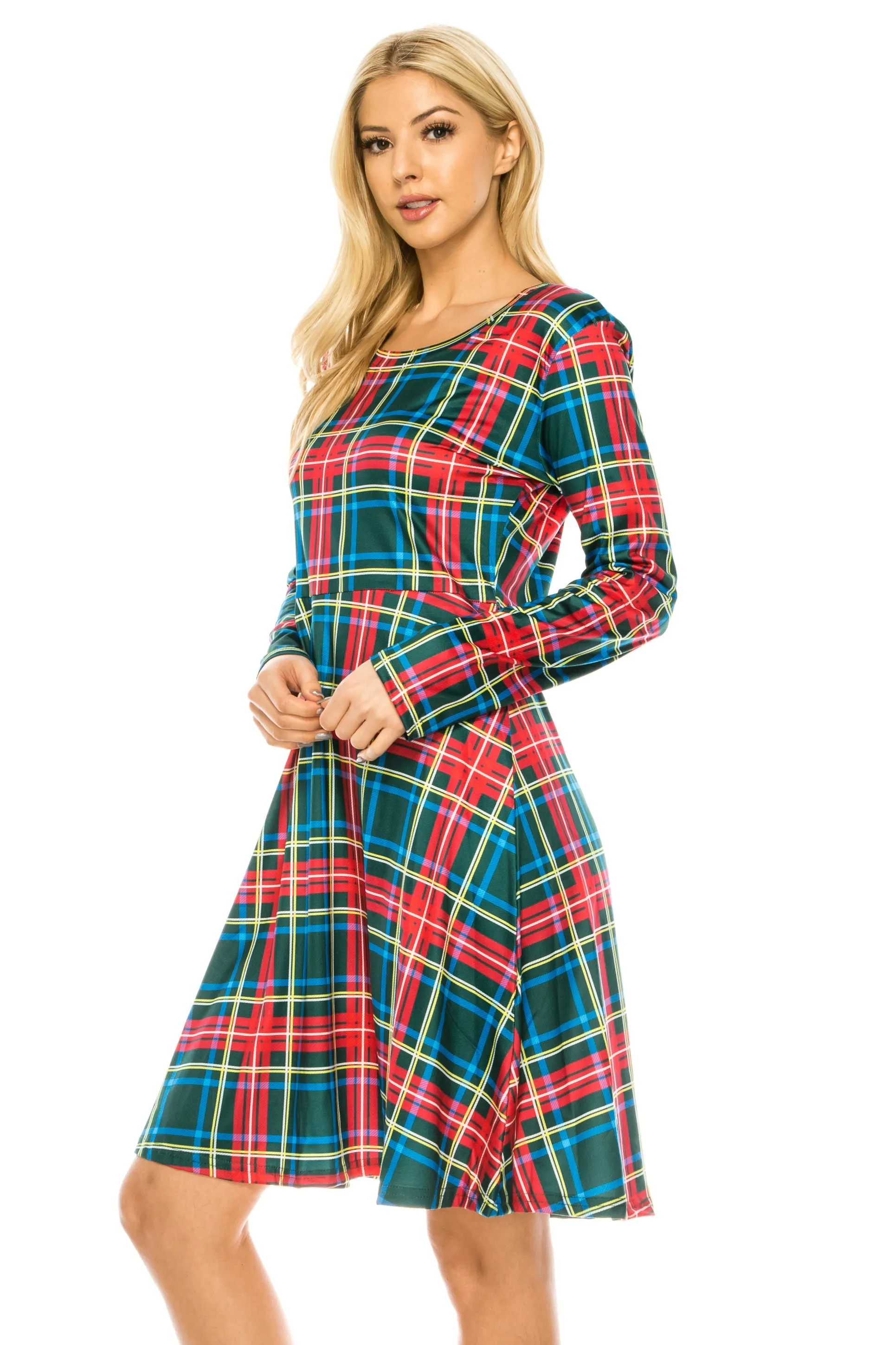 Haute Edition Women's Christmas Plaid & Solid Holiday Long Sleeve Skater Party Dress