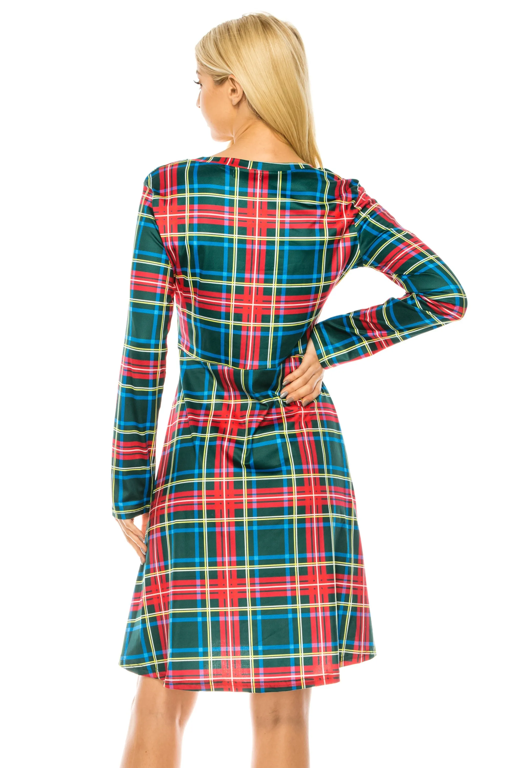 Haute Edition Women's Christmas Plaid & Solid Holiday Long Sleeve Skater Party Dress