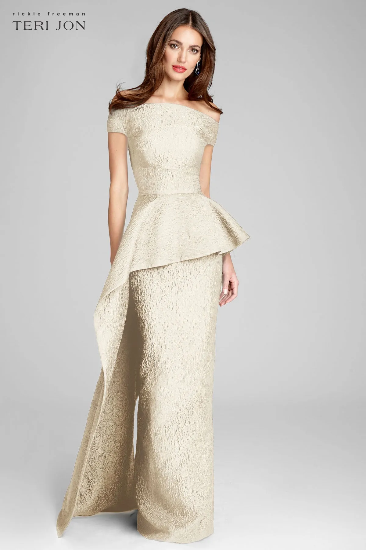 Jacquard Off The Shoulder Side Drape Overlay Gown