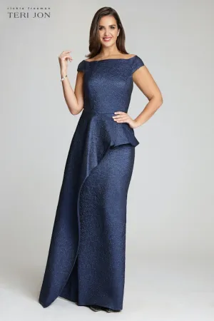 Jacquard Off The Shoulder Side Drape Overlay Gown