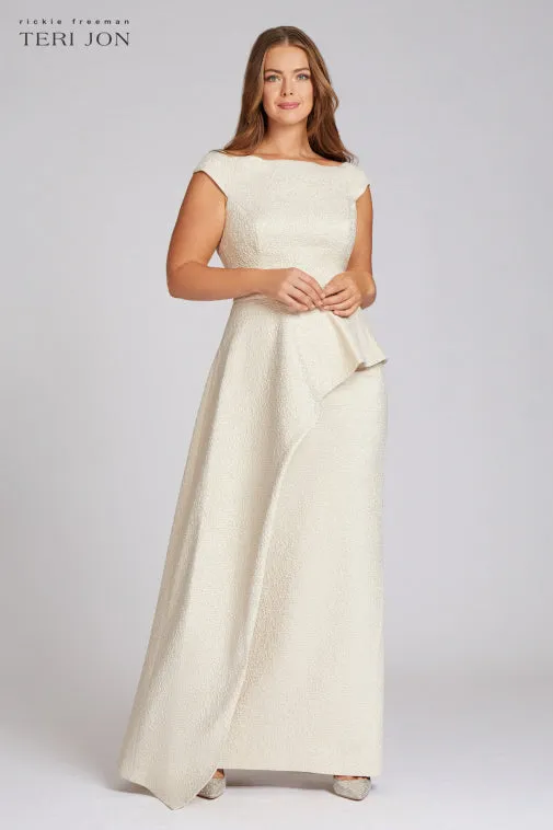 Jacquard Off The Shoulder Side Drape Overlay Gown