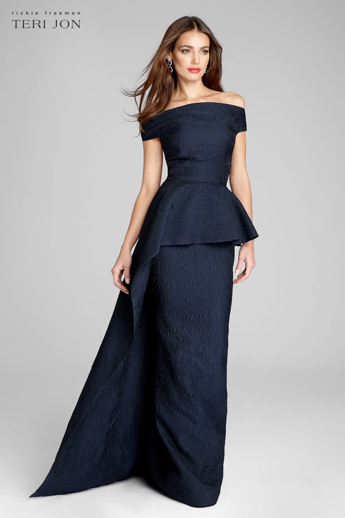 Jacquard Off The Shoulder Side Drape Overlay Gown