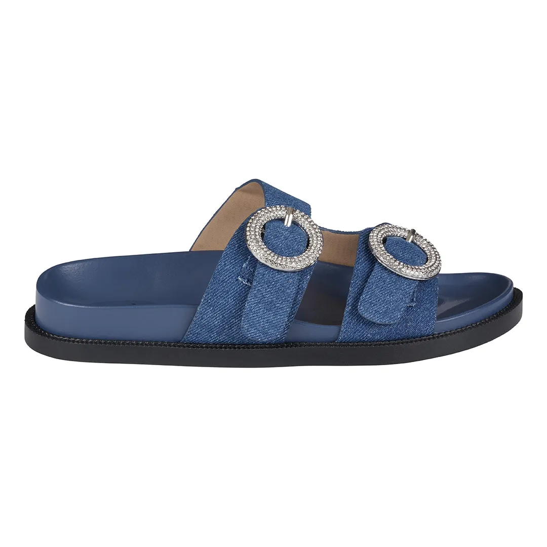 Jordyn Denim Double Band Embellished Slide Footbed Sandals