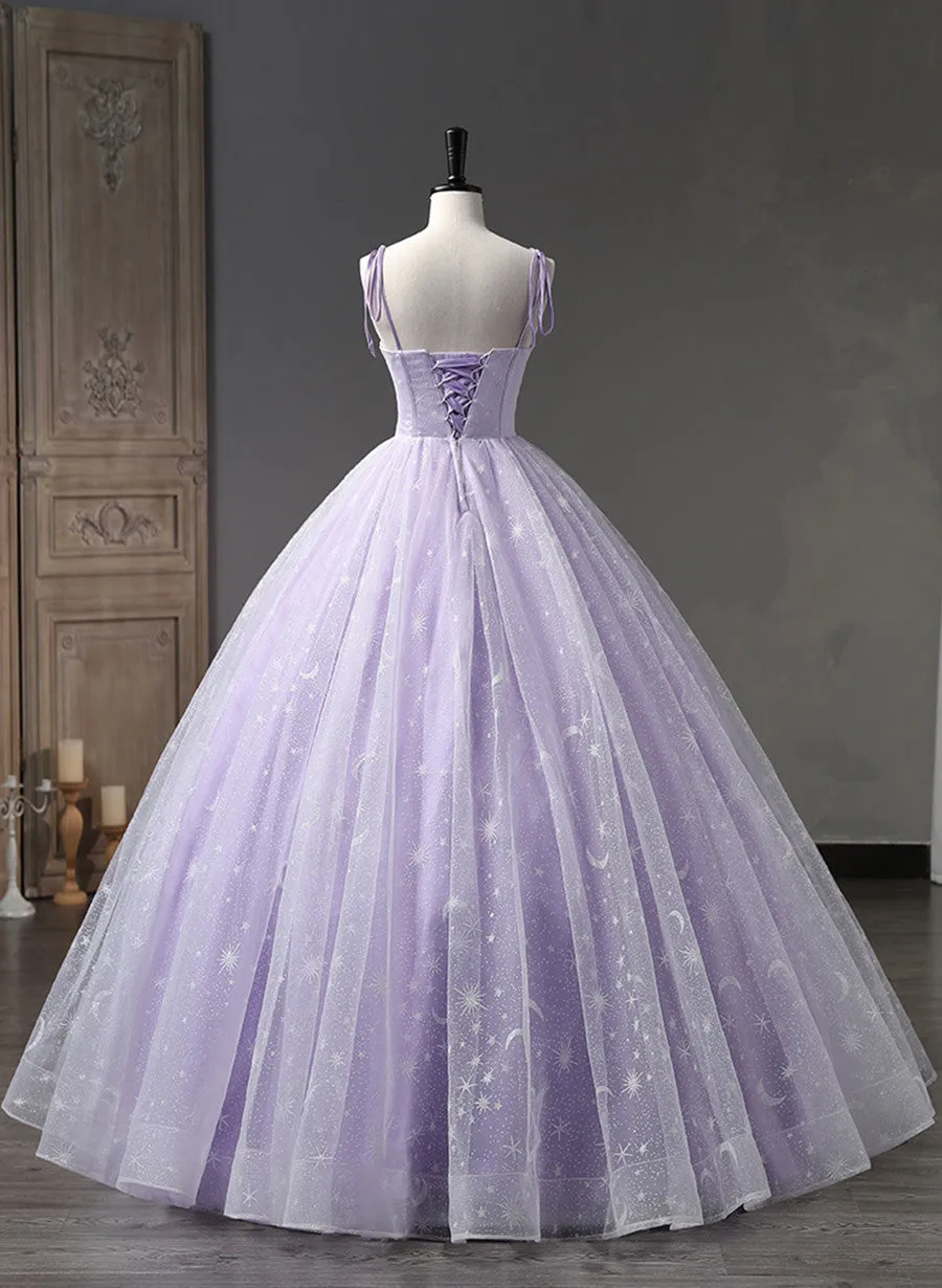 Lavender Tulle Floral Straps Floor Length Party Dress, Lavender Tulle Prom Dress