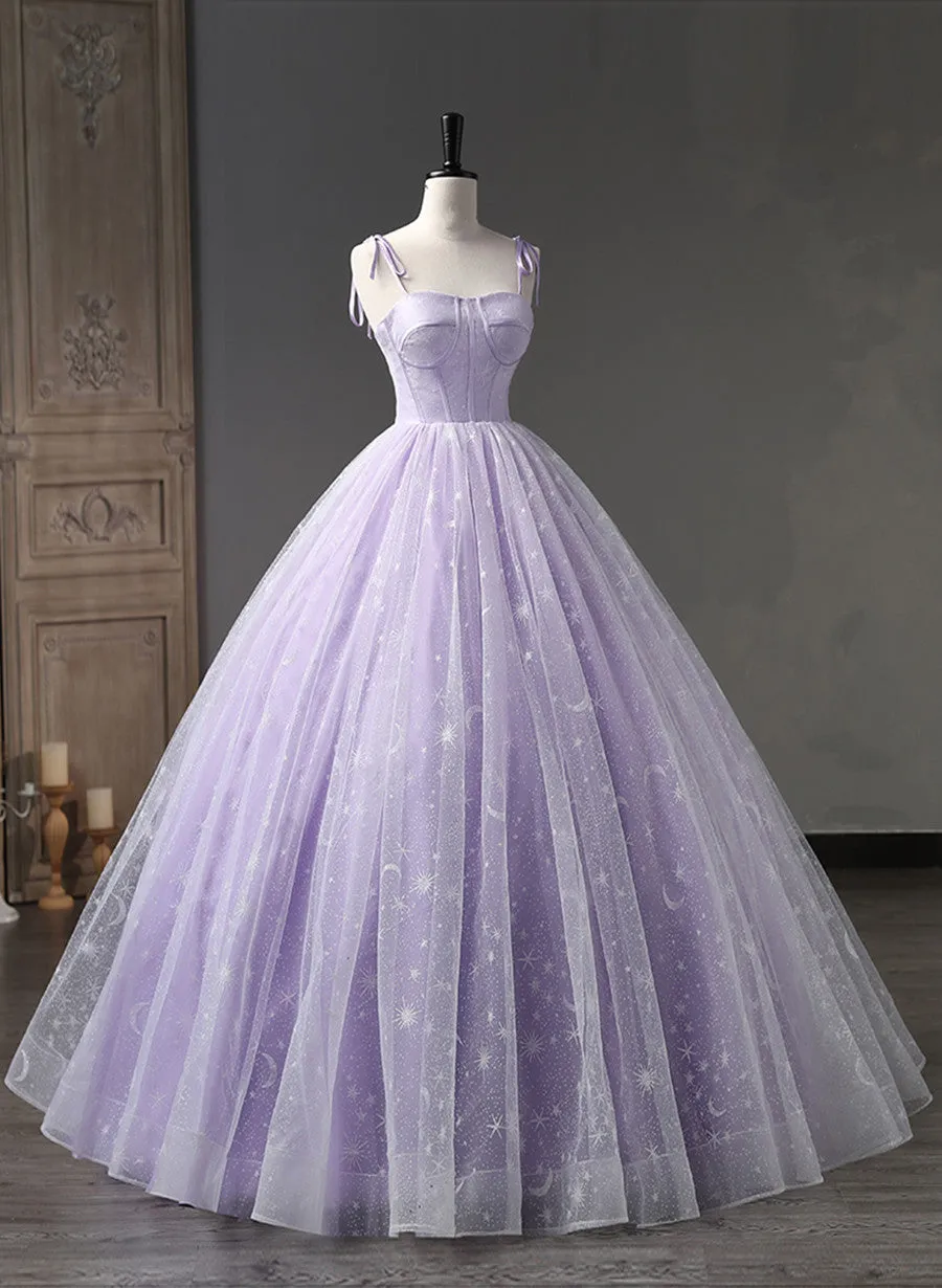 Lavender Tulle Floral Straps Floor Length Party Dress, Lavender Tulle Prom Dress