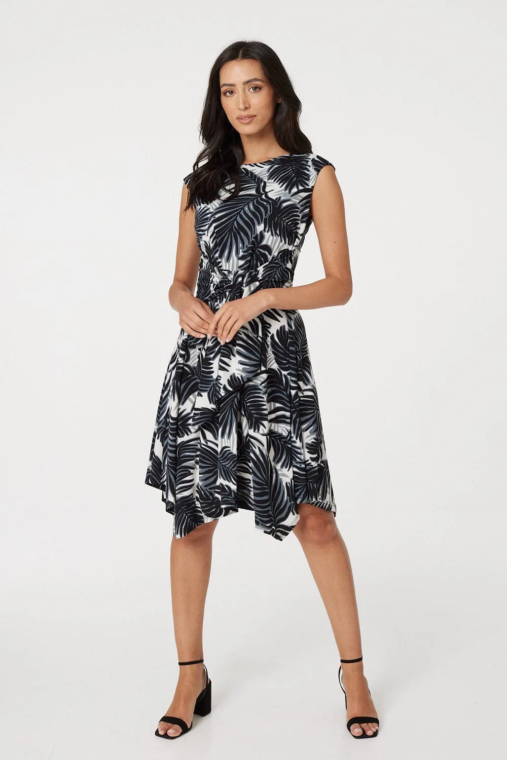 Leaf Print Knot Front Skater Dress