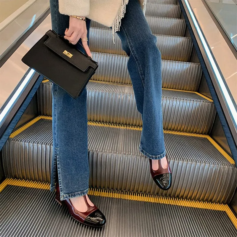 Leather Mary Jane T-strap Shoes in Black/Red/White