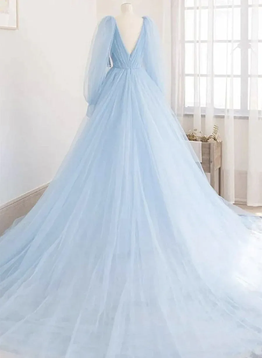 Light Blue Long Sleeves Blue Tulle Prom Dress, Blue Tulle A-line Party Dress