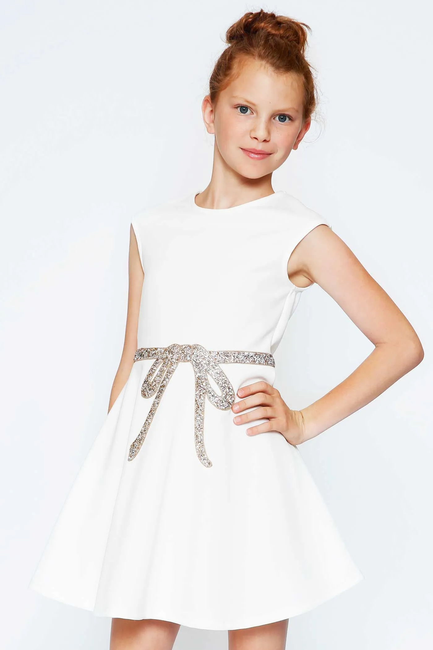 Little Girls Fit and Flare Skater Dress With Jewel Bow