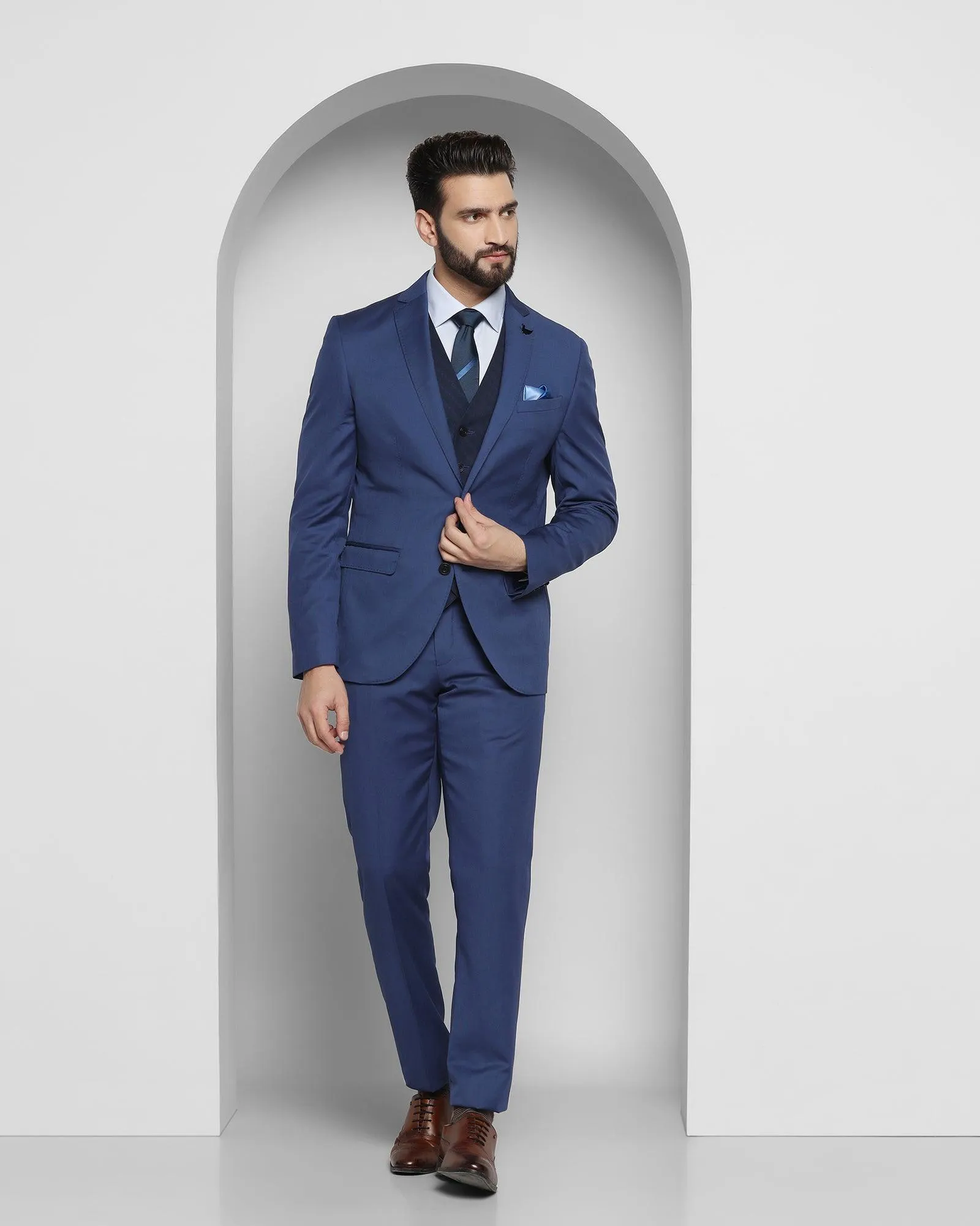 Luxe Three Piece Blue Solid Formal Suit - Cyprus