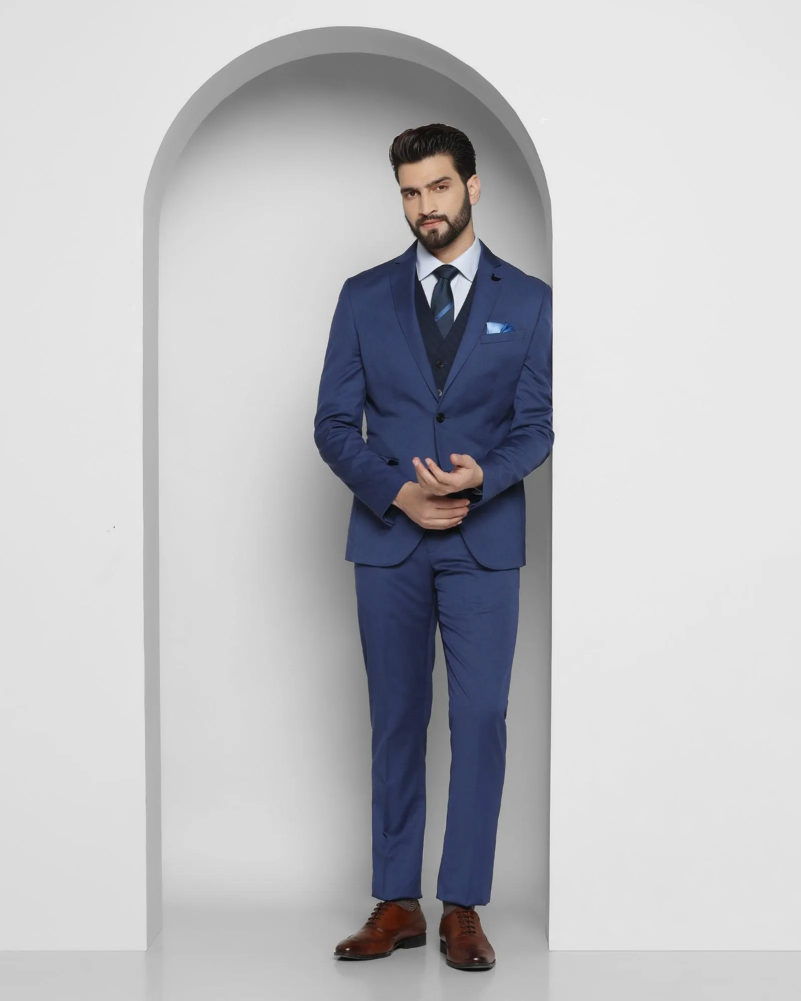 Luxe Three Piece Blue Solid Formal Suit - Cyprus