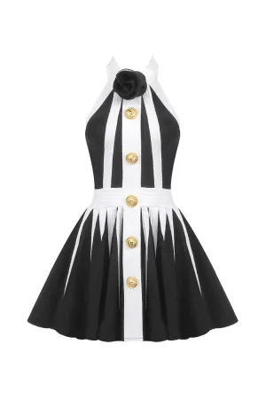 Luxury Black and White Bandage Godet Rosette Halter Skater Party Mini Dress