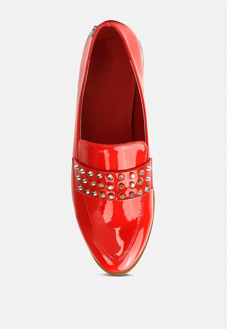 MEANBABE Semicasual Stud Detail Patent Loafers in Red