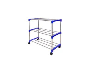 Mega stand Stainless Steel 3-Tier Shoe Rack - Durable, Foldable, and Stackable Shoe Stand for Closet, Entryway, and Doorway Organization - Premium Metal Shoe Storage Organizer for Home (Blue)