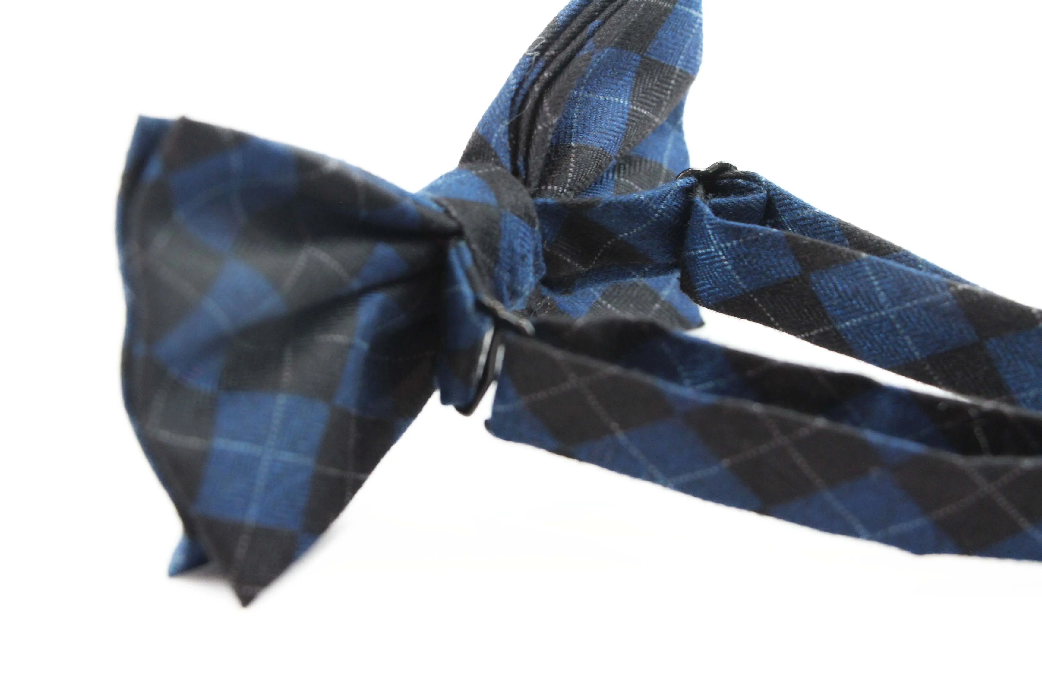 Mens Blue & Black Thick Plaid Double Layered Cotton Checkered Bow Tie