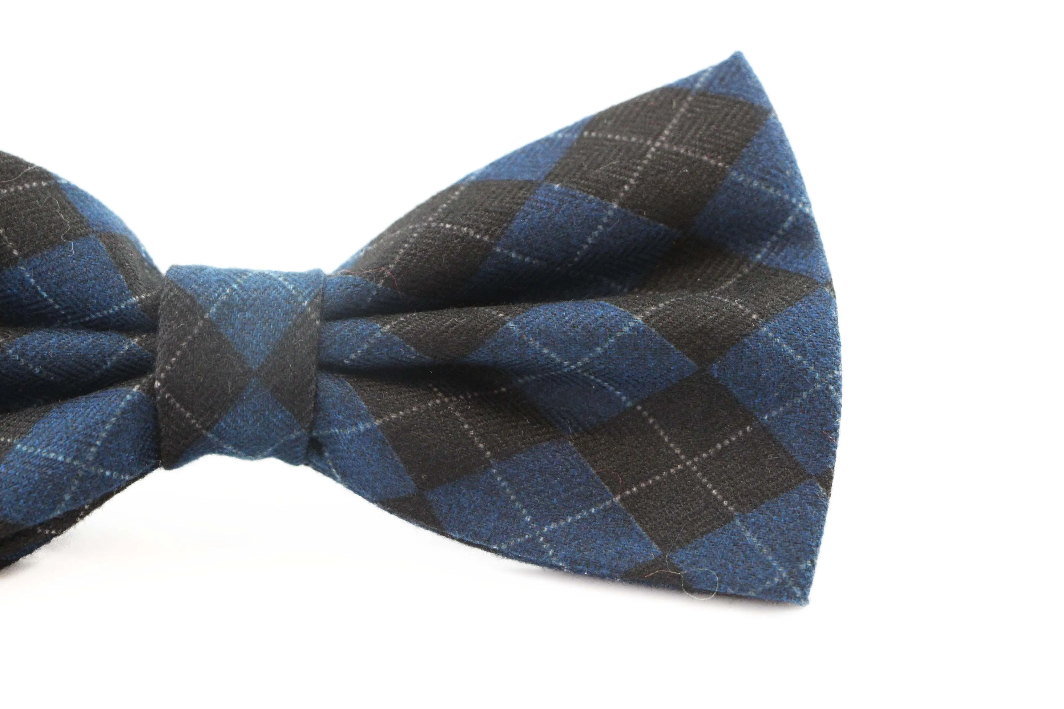 Mens Blue & Black Thick Plaid Double Layered Cotton Checkered Bow Tie