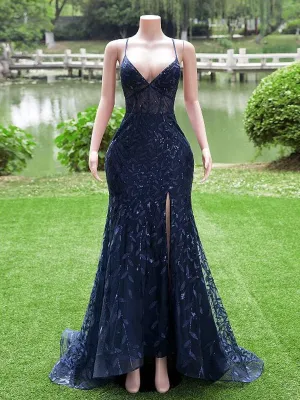 Navy Blue Mermaid Long Prom Dress with Leg Slit, Navy Blue Party Dress