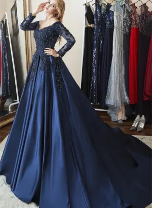 Navy Blue Satin V-neckline Party Dress, Navy Blue Sweet 16 Dress