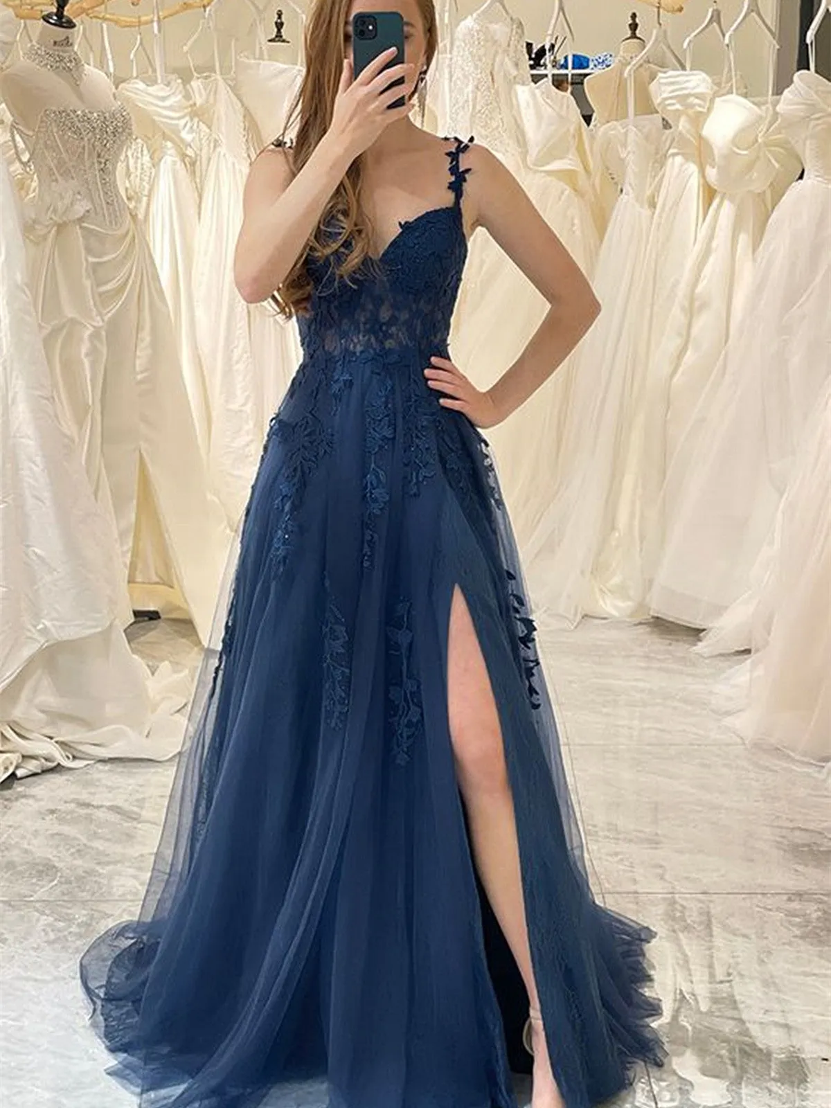 Navy Blue Sweetheart Straps Long Party Dress, A-line Prom Dress with Leg Slit