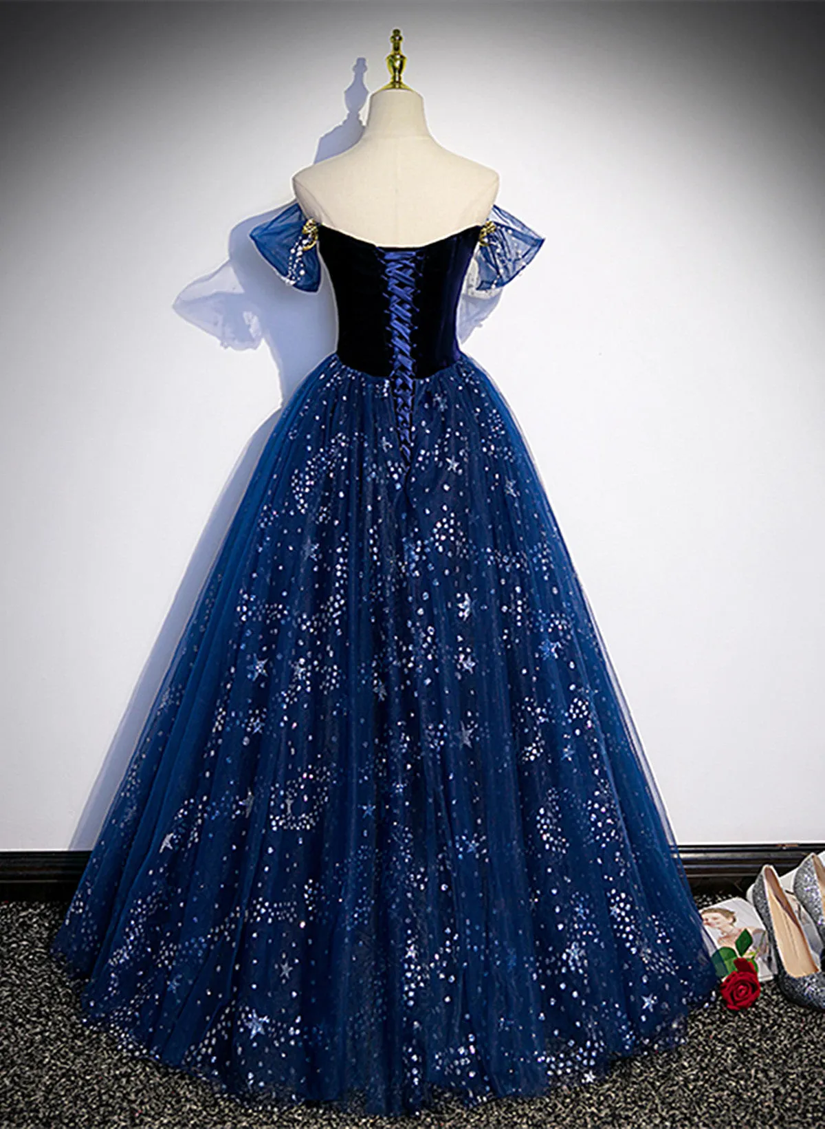 Navy Blue Sweetheart Tulle Floor Length Prom Dress, Navy Blue Evening Dress