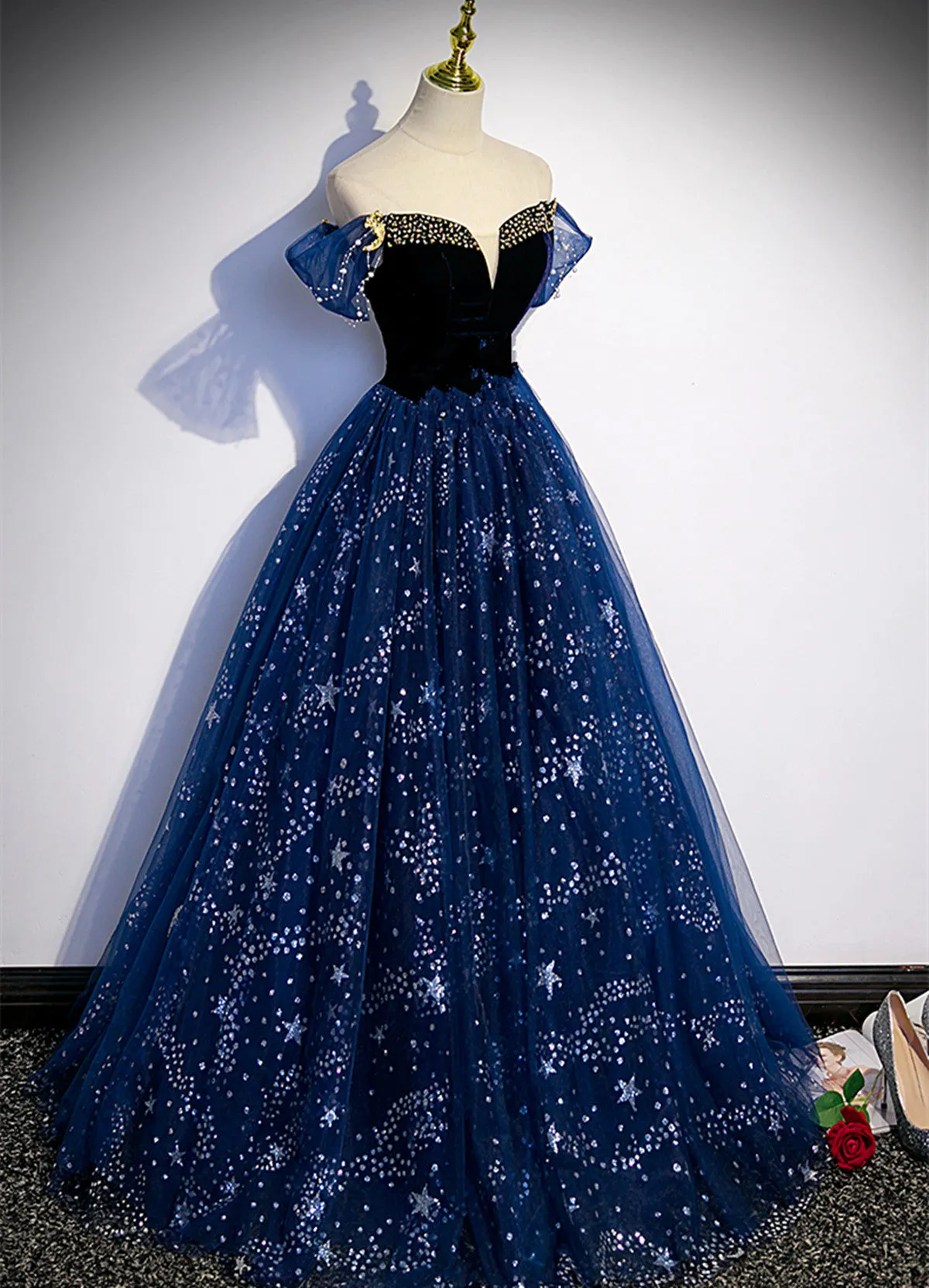 Navy Blue Sweetheart Tulle Floor Length Prom Dress, Navy Blue Evening Dress