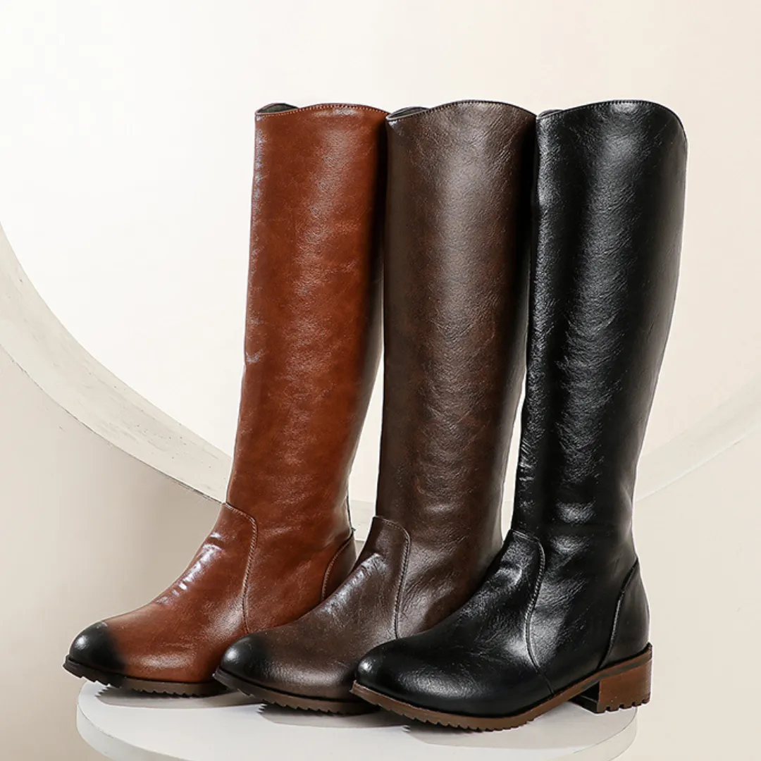 OCW Women Knee High Boots Round Toe Zipper Low Heel Genuine Leather