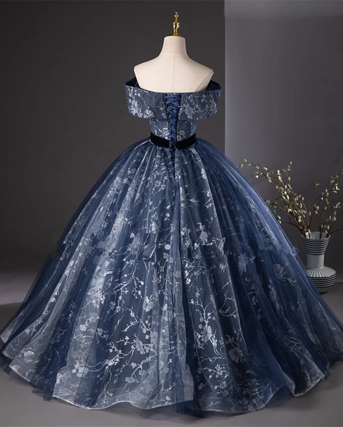 Off Shoulder Sweetheart Floral Tulle Prom Dress, Blue Long Party Dress