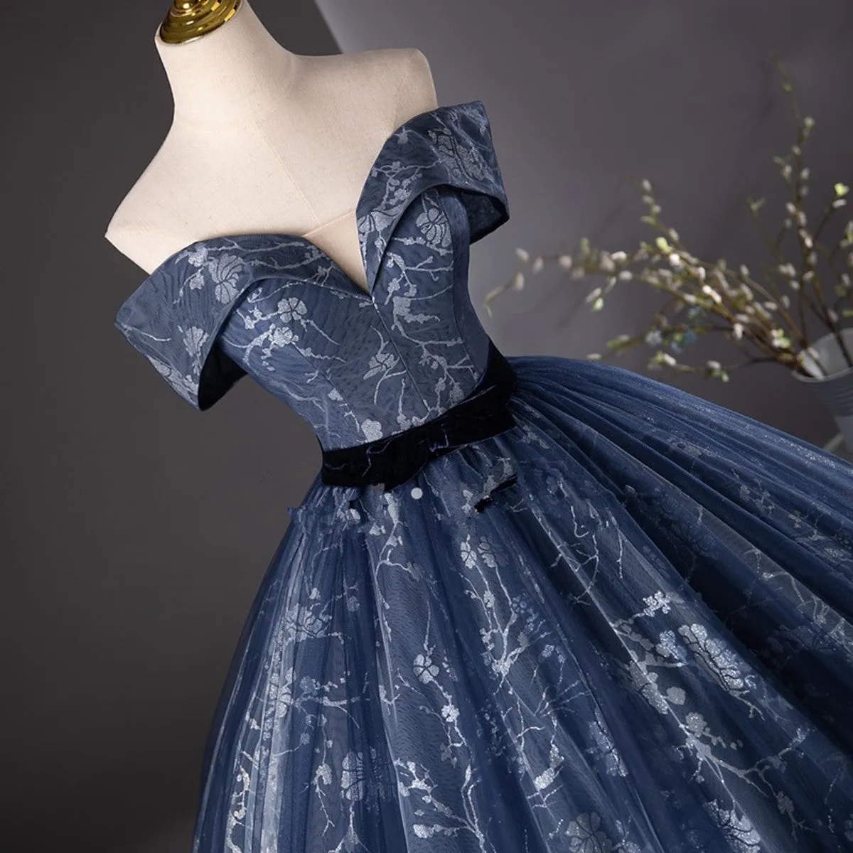 Off Shoulder Sweetheart Floral Tulle Prom Dress, Blue Long Party Dress