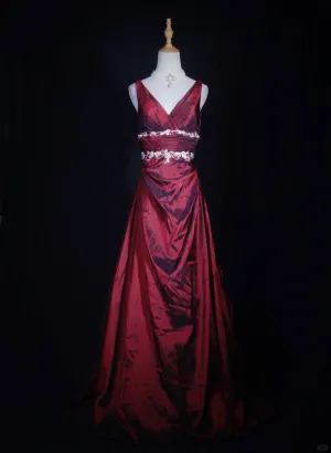 Pretty Wine Red Taffeta V-neckline Long Prom Dress, Wine Red Vintage Party Dress