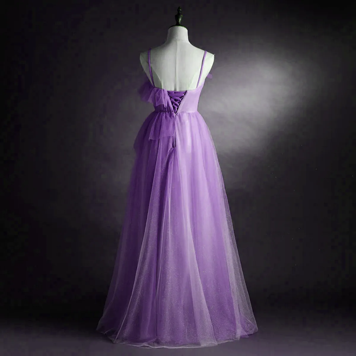 Purple Tulle A-line Straps Long Formal Dress, Purple Floor Length Prom Dress