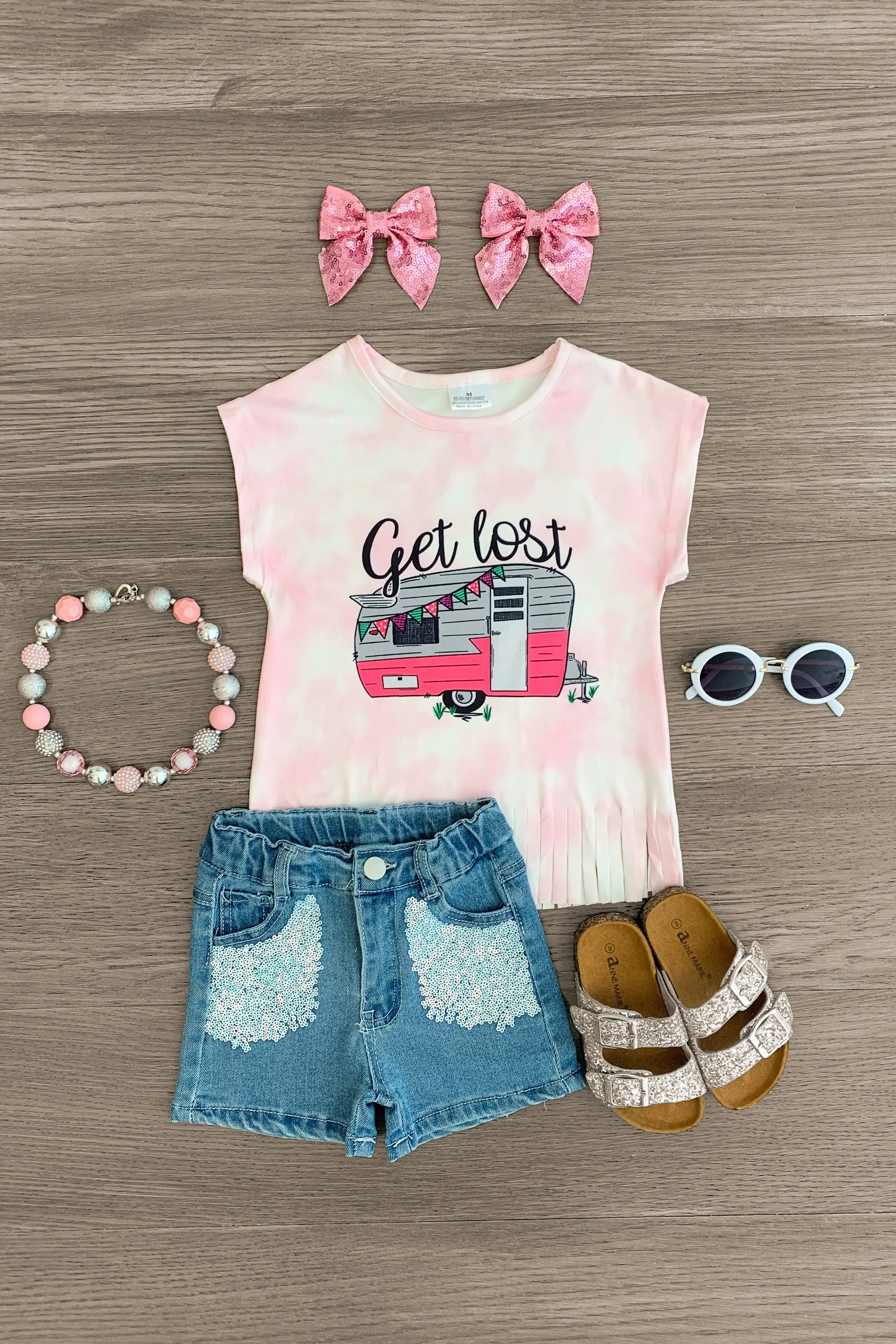 "Get Lost" Pink Camper Sequin Denim Short Set