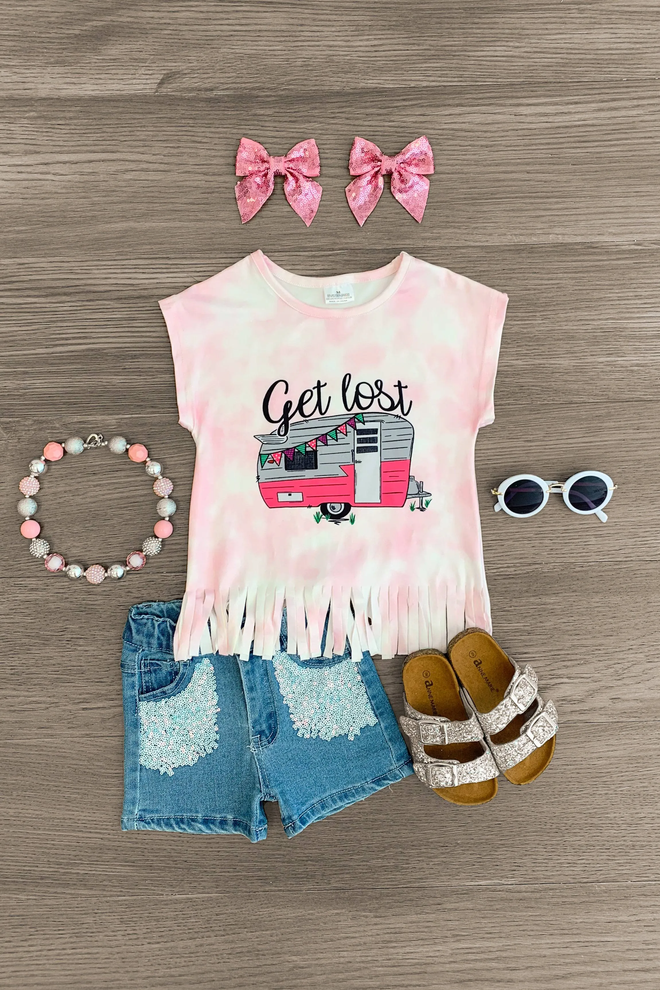 "Get Lost" Pink Camper Sequin Denim Short Set