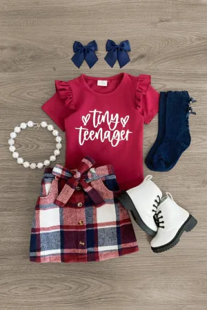 "Tiny Teenager" Burgundy Plaid Skirt Set