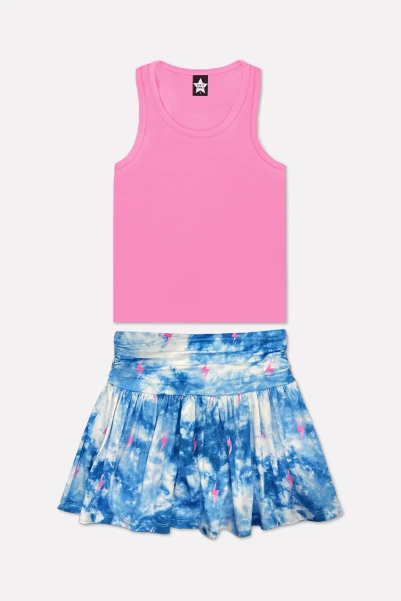 Racerback Tank & Shirred Waist Skort - Denim Pink Bolts