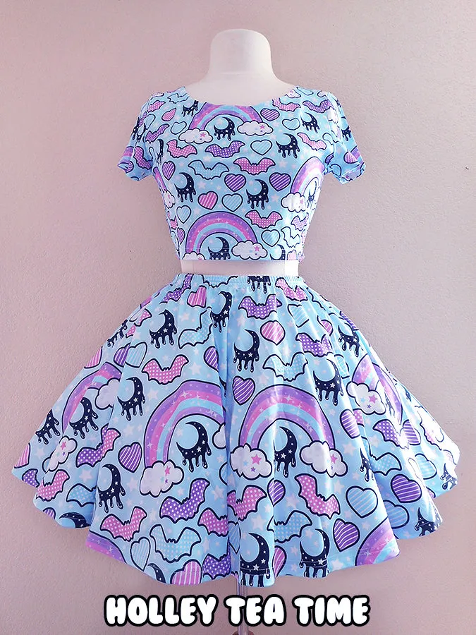 Rainbow spooky bats blue skater skirt [made to order]