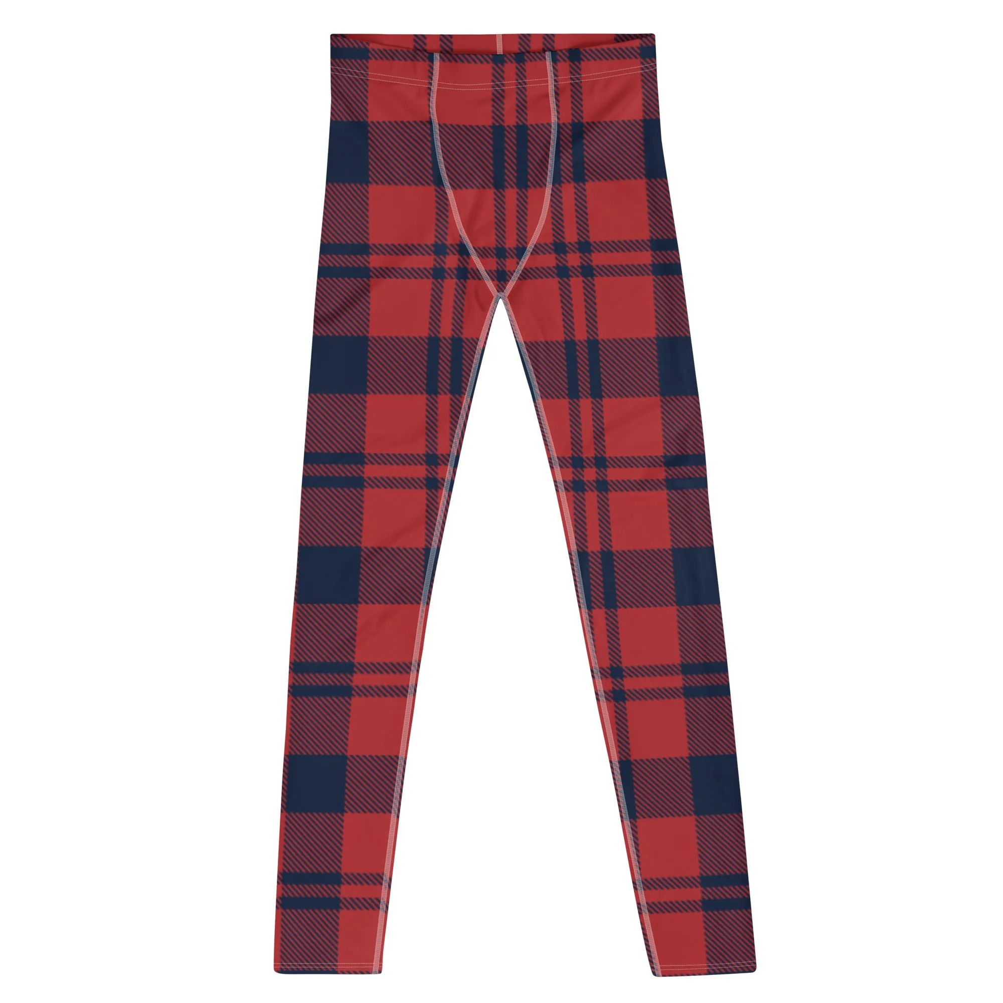 Red Black Plaid Print Meggings, Preppy Classic Plaid Print Designer Premium Men's Leggings Tights - Made in USA/EU/MX