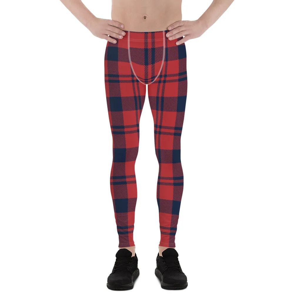 Red Black Plaid Print Meggings, Preppy Classic Plaid Print Designer Premium Men's Leggings Tights - Made in USA/EU/MX