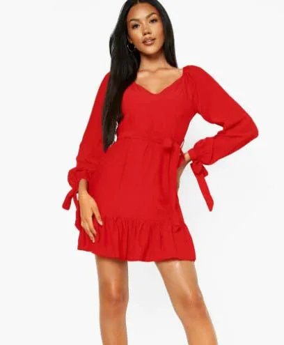 Red Cup Detail Tie Waist Skater Dress