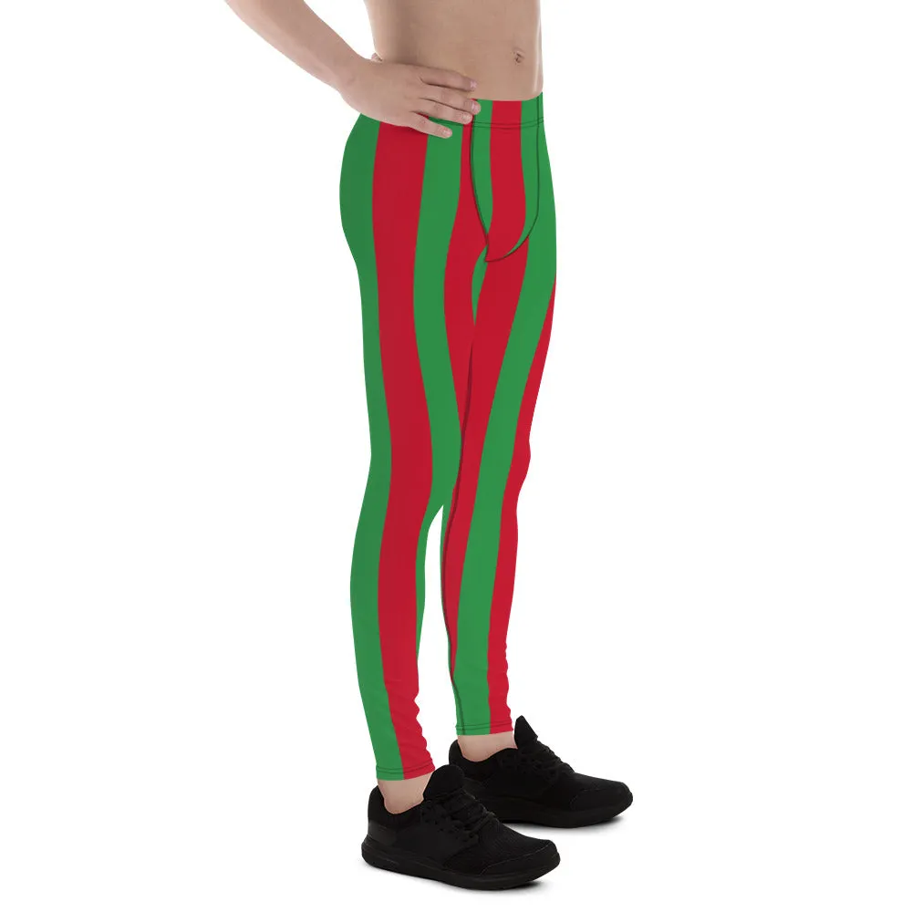 Red Green Stripes Men's Leggings, Vertically Striped Classic Designer Meggings - Made in USA/EU/MX