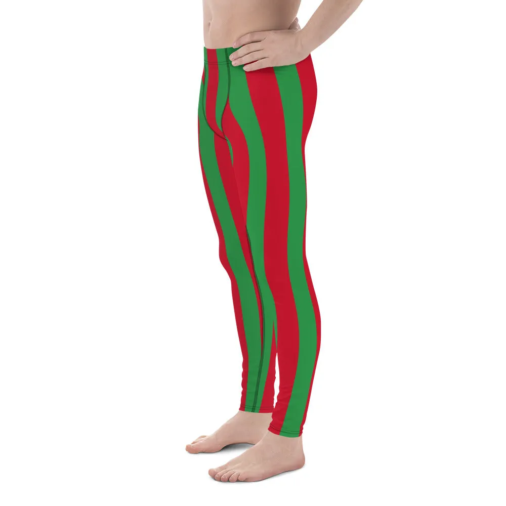 Red Green Stripes Men's Leggings, Vertically Striped Classic Designer Meggings - Made in USA/EU/MX